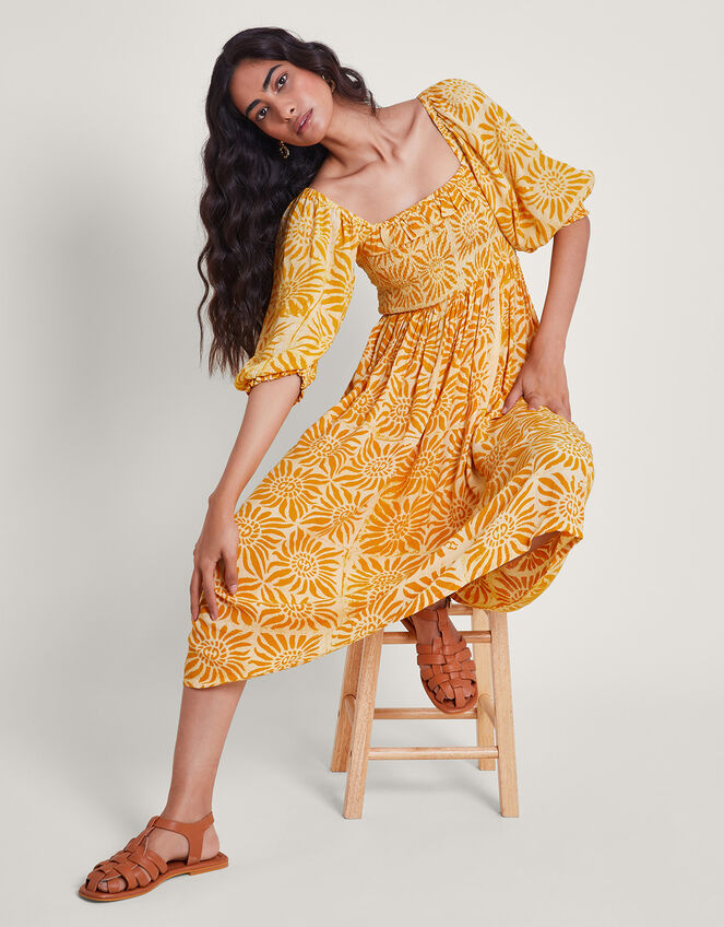 Orange - Hand Batik Printed Cotton Flared Dress 04